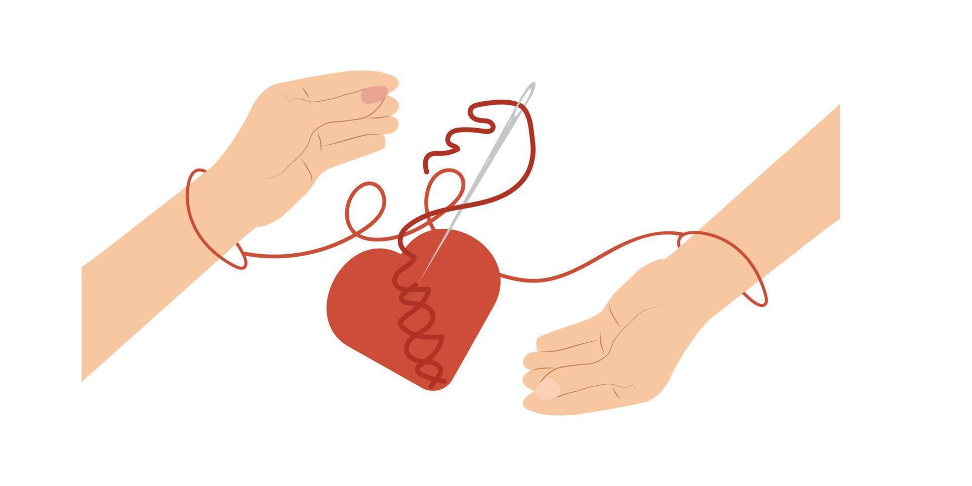Red heart in hands man and woman. vector