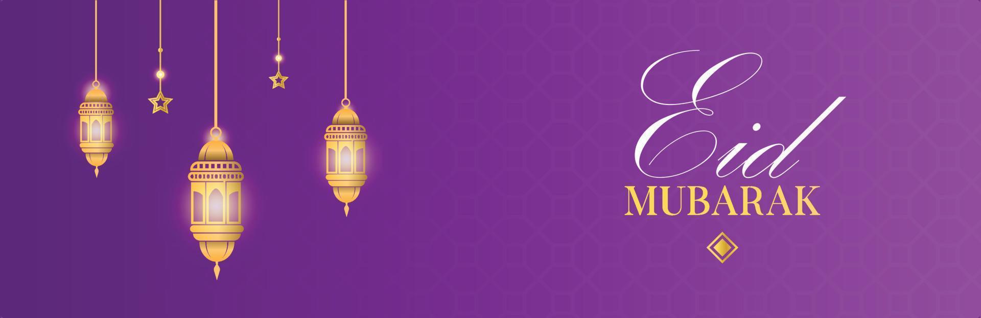 Eid Mubarak Banner and Poster Template With Purple Background and Golden Illuminated Lanterns Islamic Ornament vector