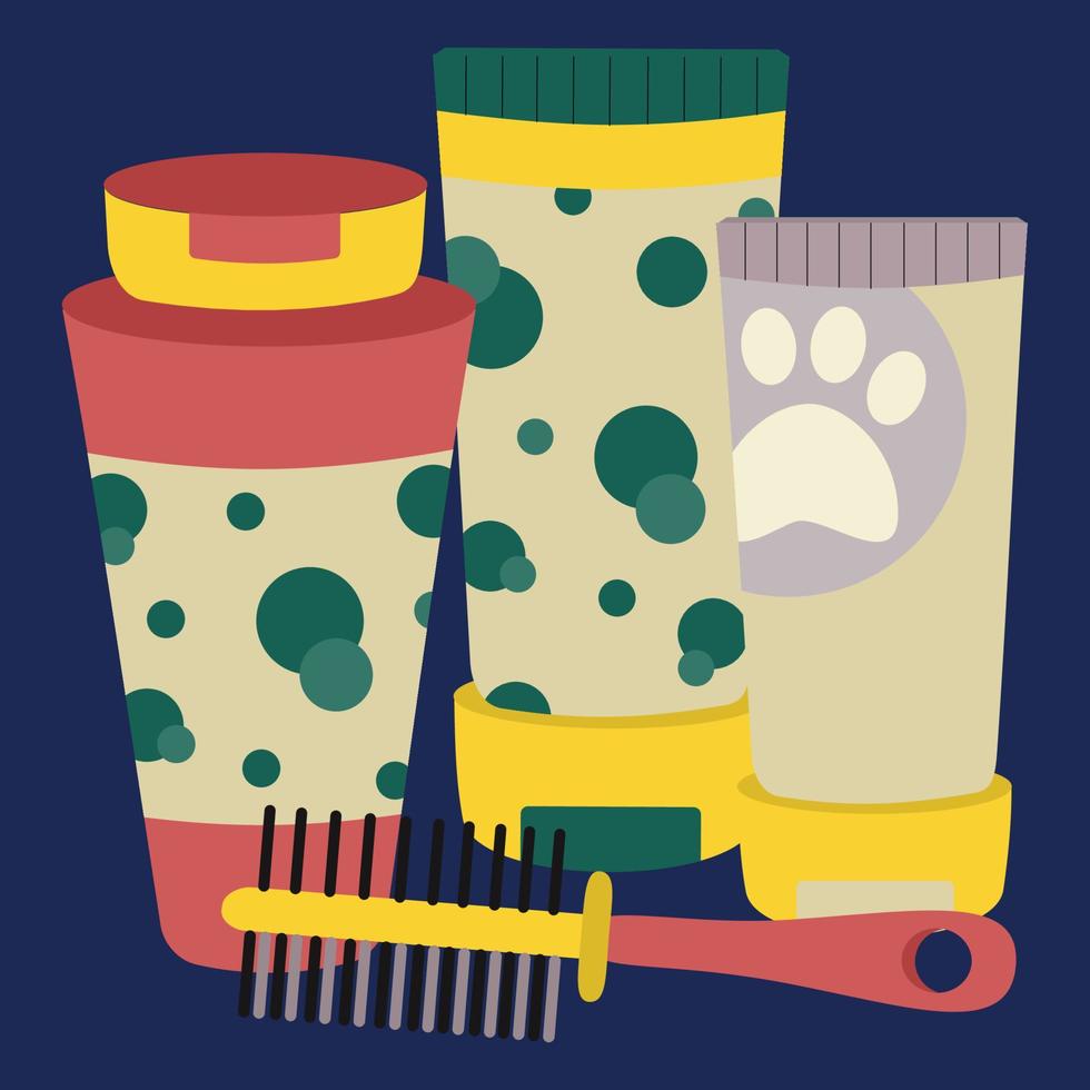 Set of elements for animals, cats, dogs, shampoos and comb. vector