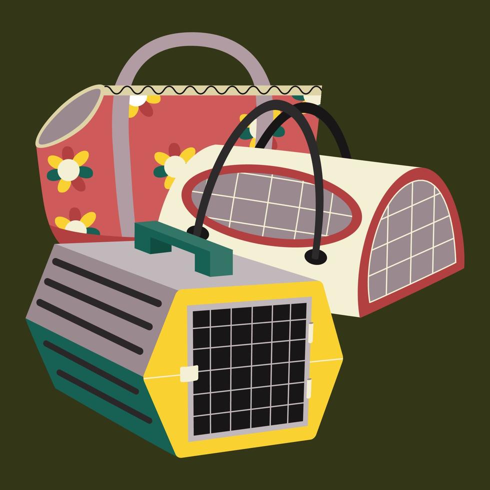 Set of elements for animals, cats, dogs, bag, carrier. Flat vector illustration.