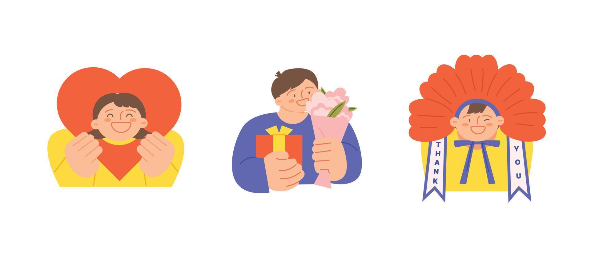 family month. People who appreciate their parents and love their children. A face in a heart, flowers and gifts, a person with a wreath. vector