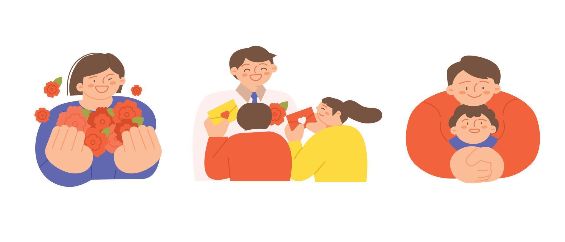 family month. People who appreciate their parents and love their children. A mother holding flowers, a father receiving a letter of thanks, a father hugging his child. vector