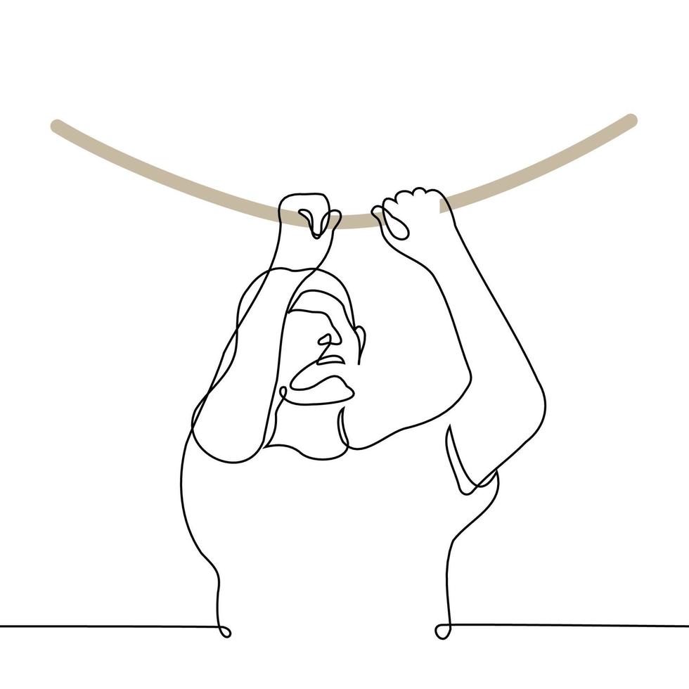 man pulling rope down or stretching - one line drawing vector. concept strength exercises, pull the rope from the sails on the yacht vector