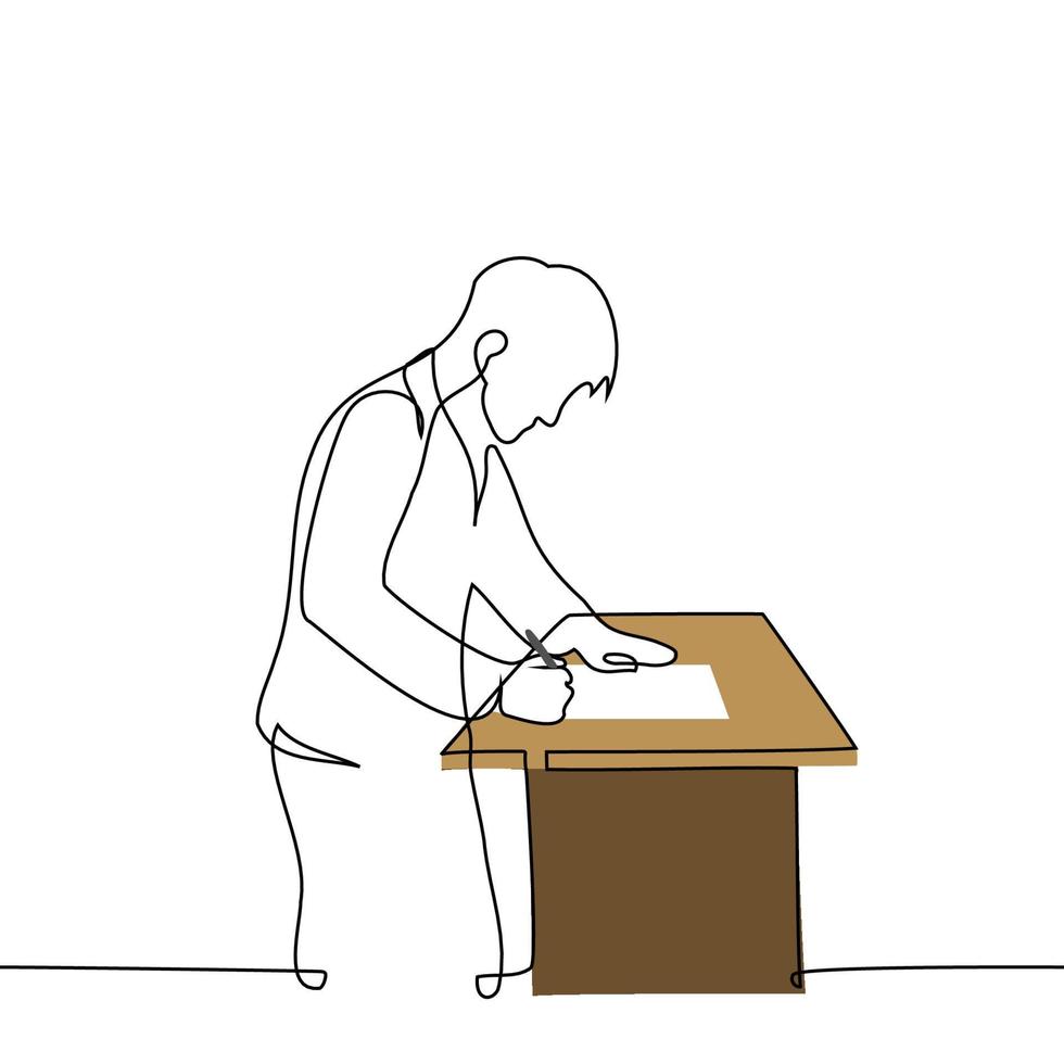 man in a suit stands over the table and signs a document or votes one