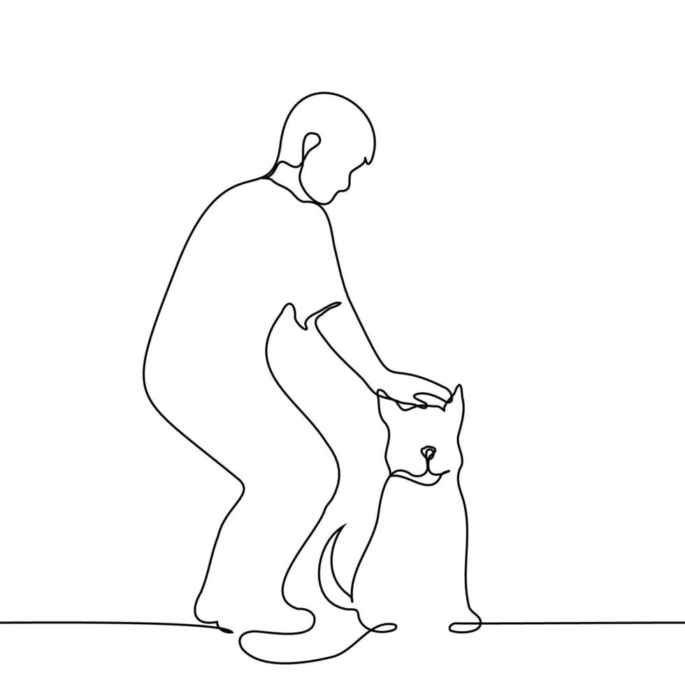man petting a sitting dog on the head - one line drawing vector. concept dog lover, petting a dog vector