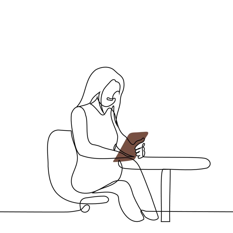 woman sitting at a table in a cafe with a tablet or menu - one line drawing vector. concept digital tablet, read menu vector