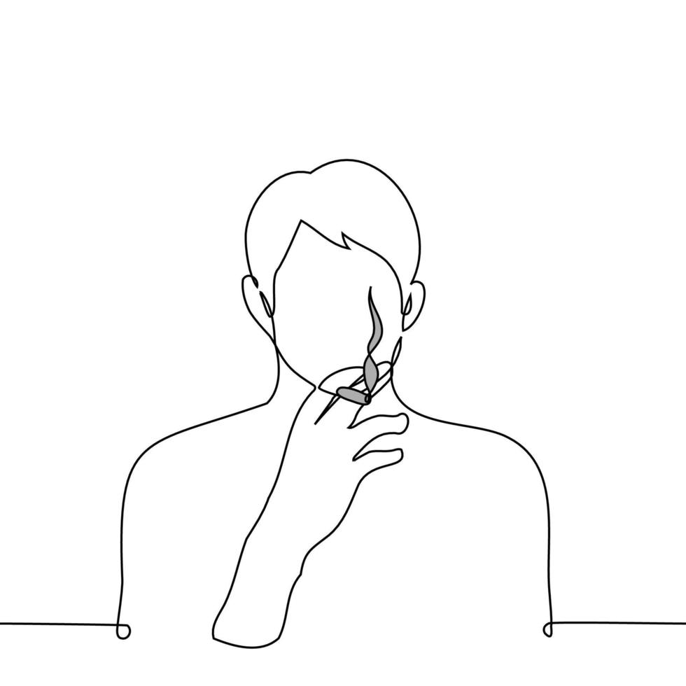 man holding a smoking cigarette in his hands near his face - one line drawing vector. concept smoking cigarettes vector