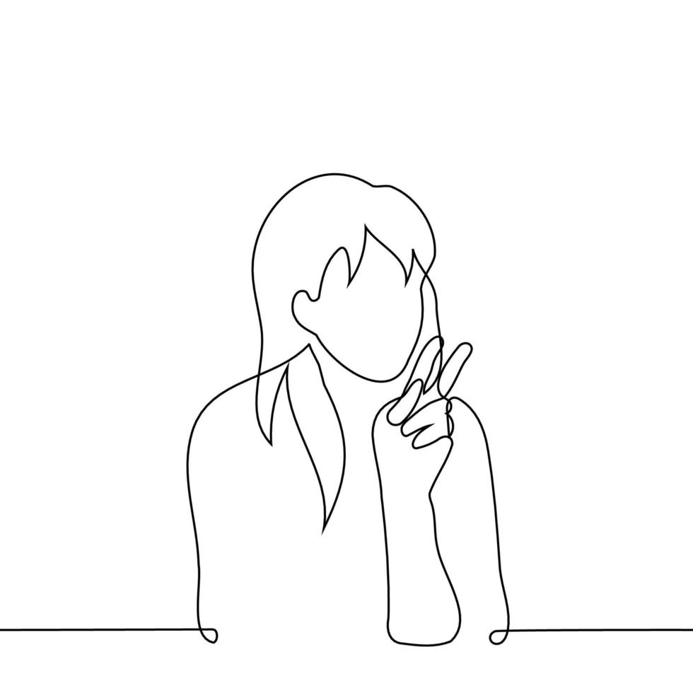 mujer sentado demostración dos dedos, paz gesto - uno línea dibujo vector. paz gesto concepto vector