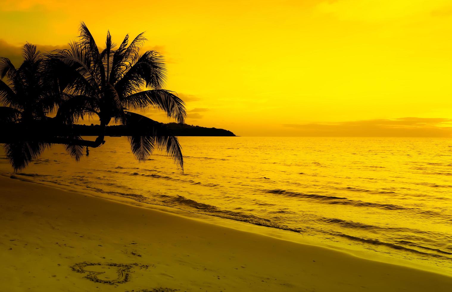 Beautiful sunset on the tropical sea beach.Silhouette of palm trees on pink sky background for travel and vacation as summer photo