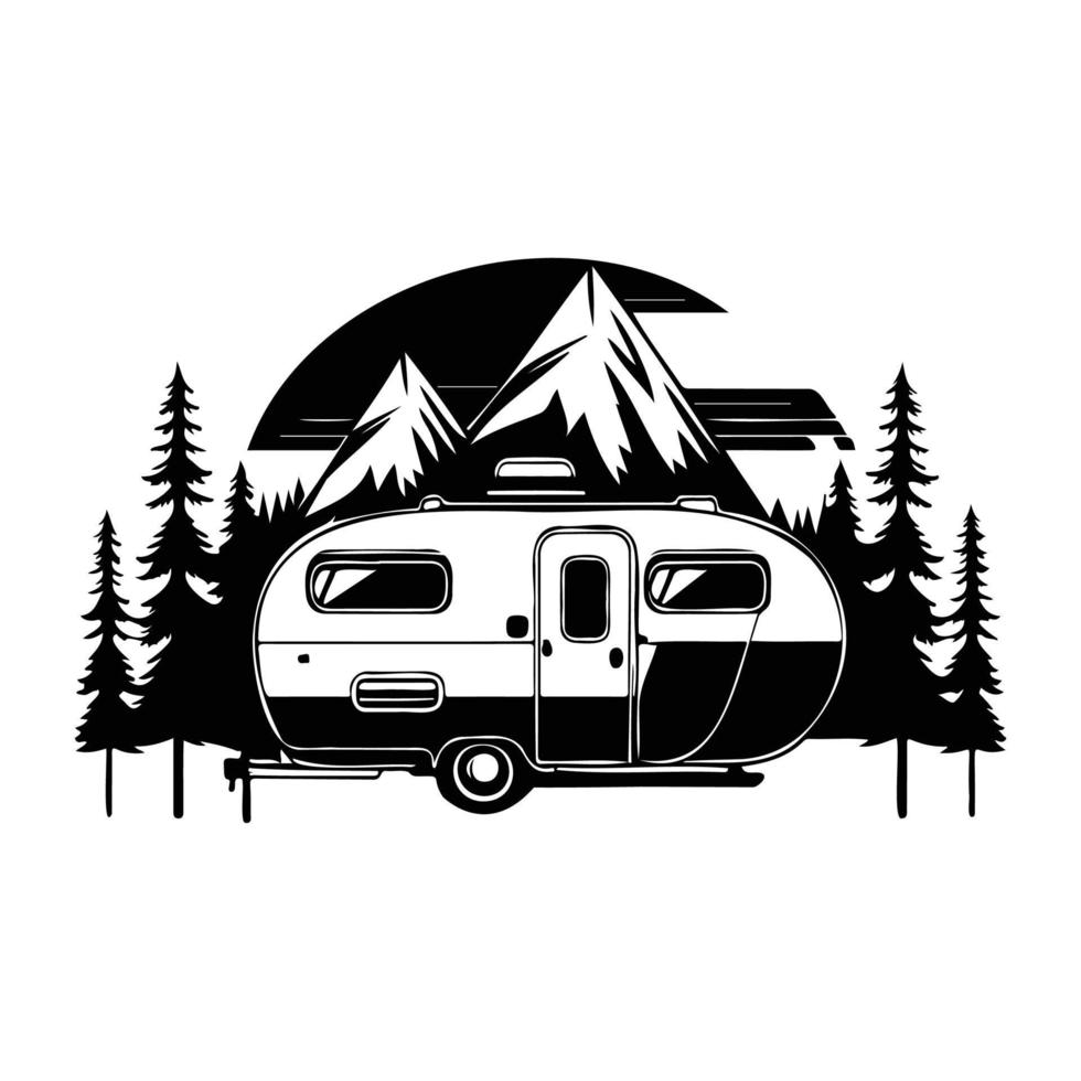 camper camp camping site with mountains and tree, camping in the woods, campsite with trailer landscape in retro style, svg file. vector