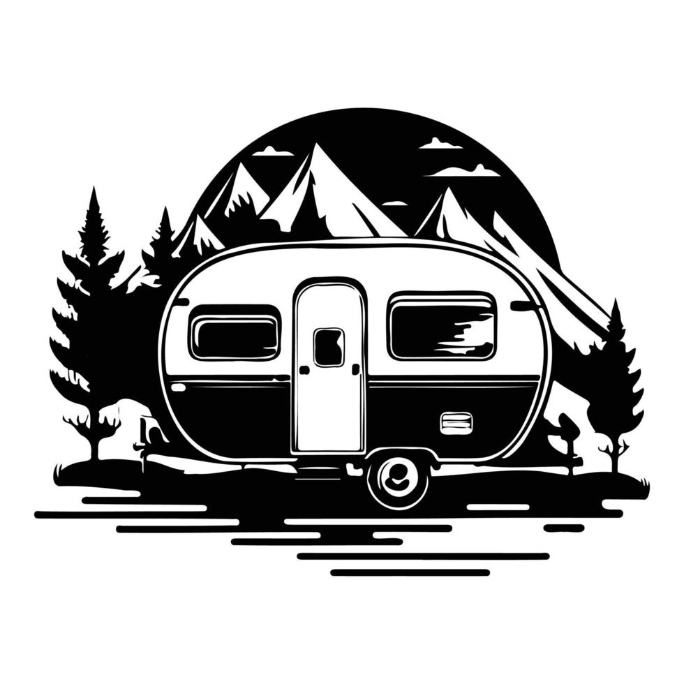 camper acampar cámping sitio con montañas y árbol, cámping en el bosque, cámping con remolque paisaje en retro estilo, svg archivo. vector