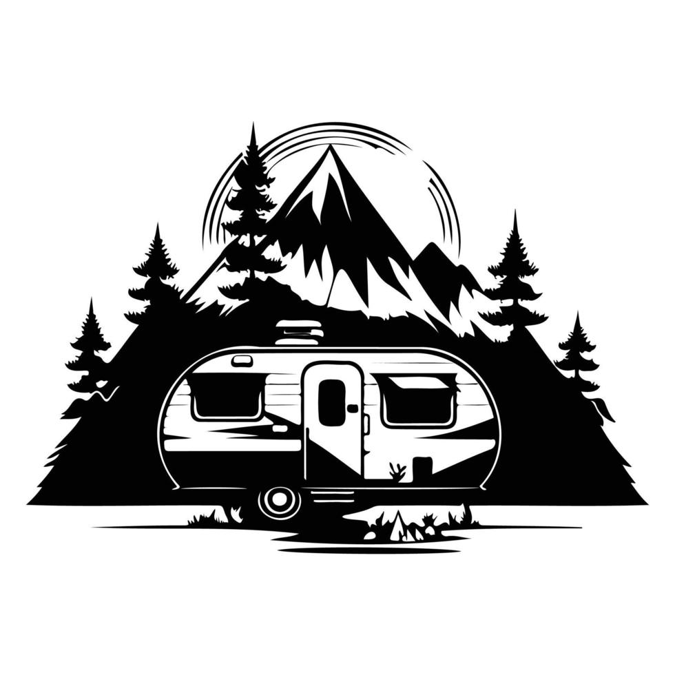 camper camp camping site with mountains and tree, camping in the woods, campsite with trailer landscape in retro style, svg file. vector