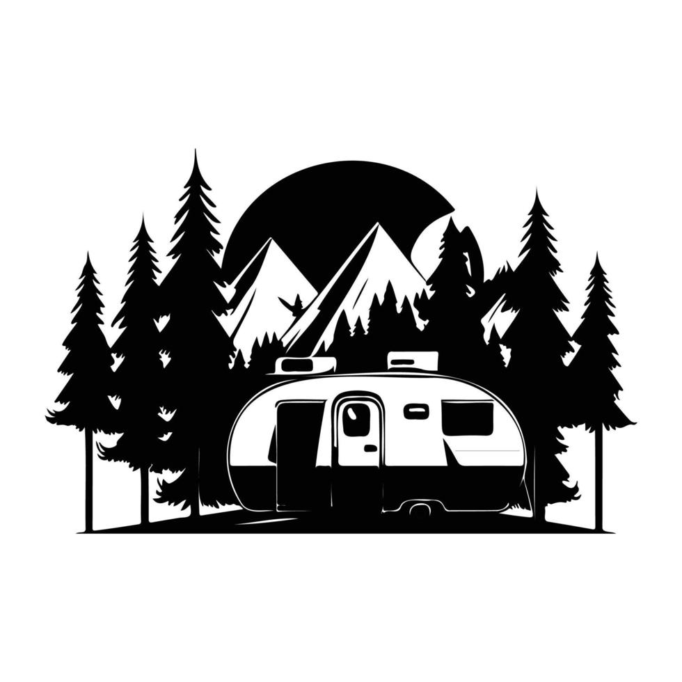 camper camp camping site with mountains and tree, camping in the woods, campsite with trailer landscape in retro style, svg file. vector