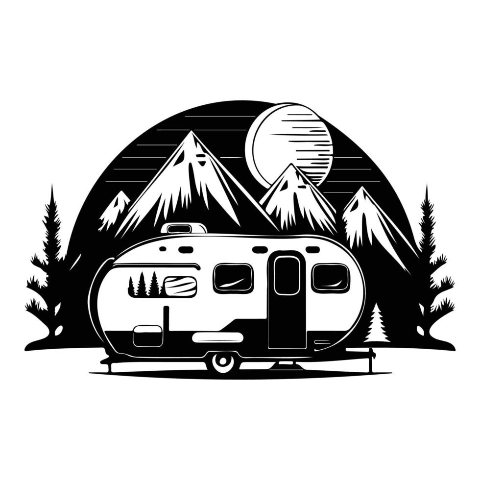 camper camp camping site with mountains and tree, camping in the woods, campsite with trailer landscape in retro style, svg file. vector