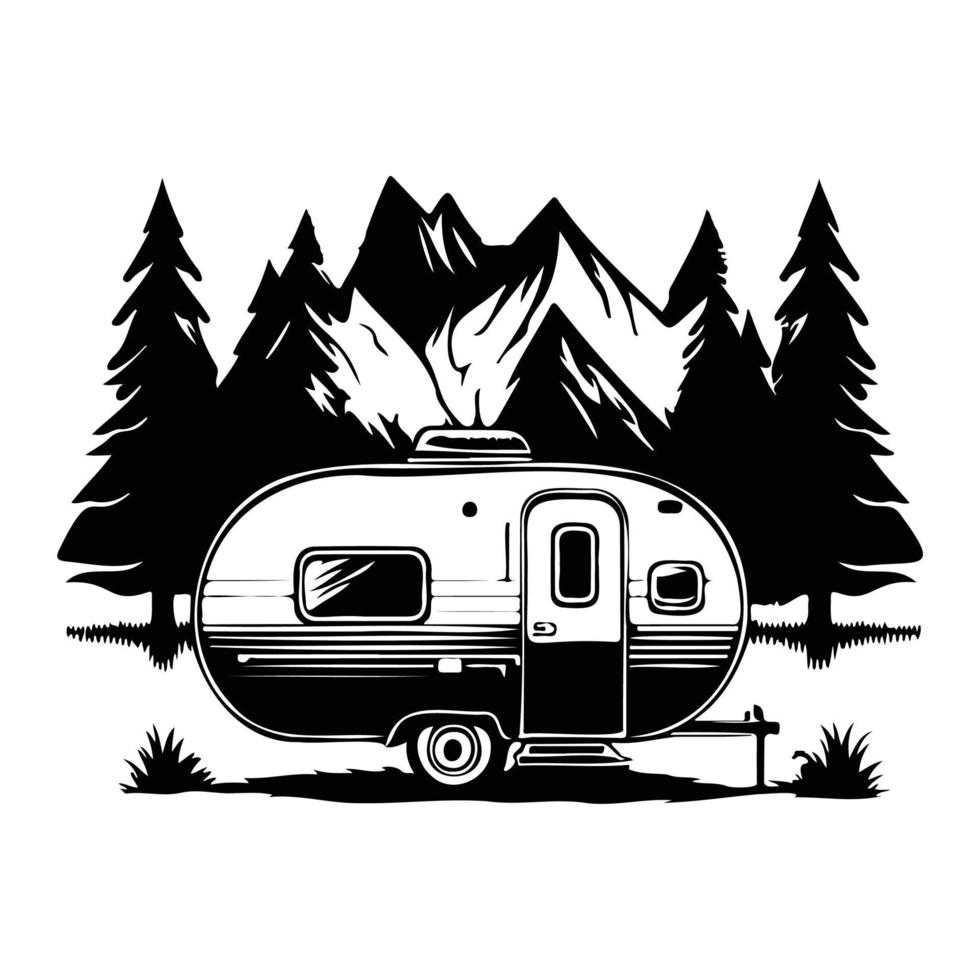 camper camp camping site with mountains and tree, camping in the woods, campsite with trailer landscape in retro style, svg file. vector