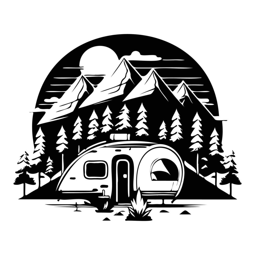 camper acampar cámping sitio con montañas y árbol, cámping en el bosque, cámping con remolque paisaje en retro estilo, svg archivo. vector