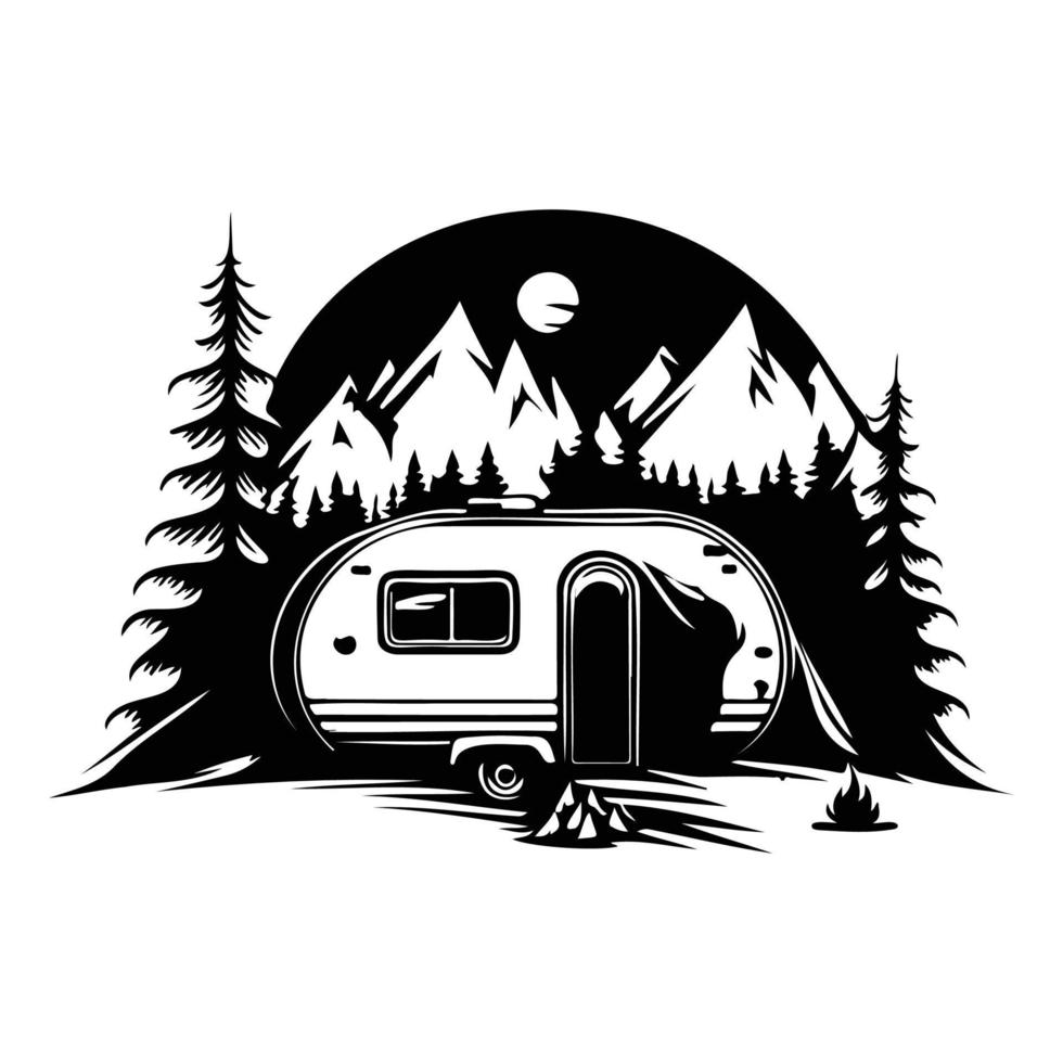 camper camp camping site with mountains and tree, camping in the woods, campsite with trailer landscape in retro style, svg file. vector