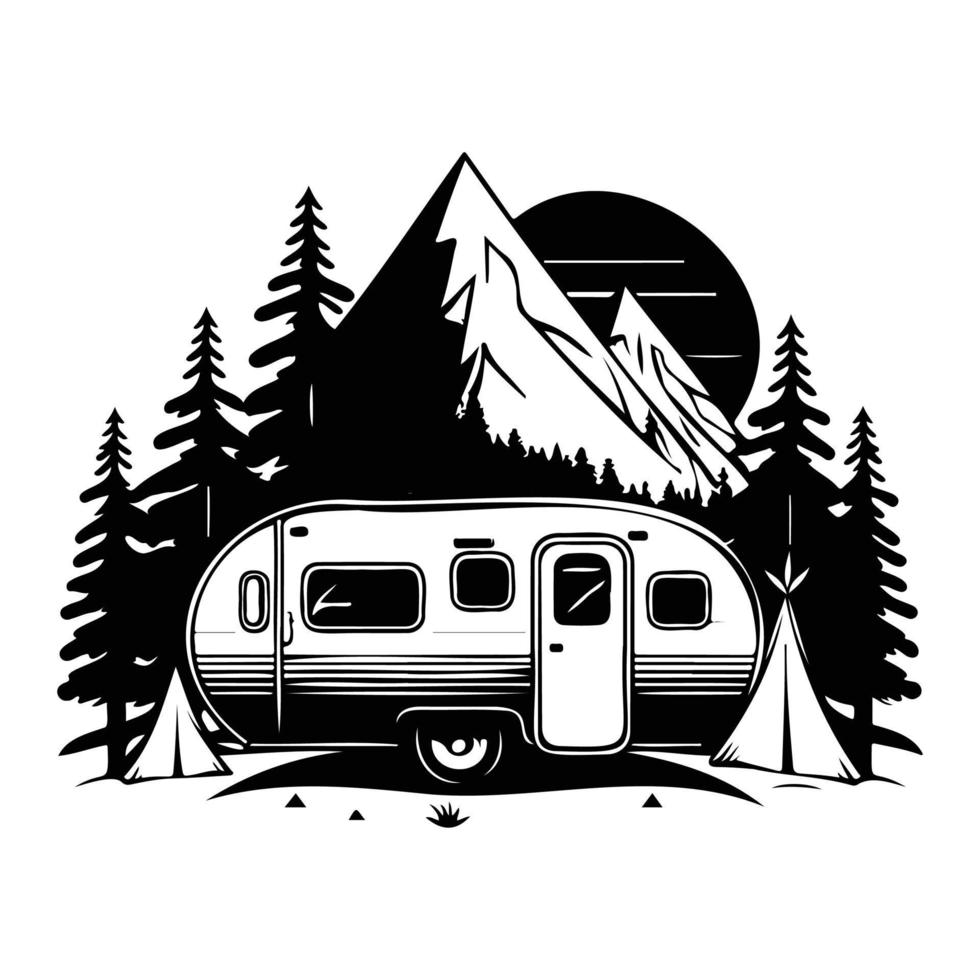 camper camp camping site with mountains and tree, camping in the woods, campsite with trailer landscape in retro style, svg file. vector