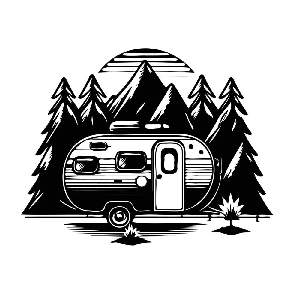 camper acampar cámping sitio con montañas y árbol, cámping en el bosque, cámping con remolque paisaje en retro estilo, svg archivo. vector