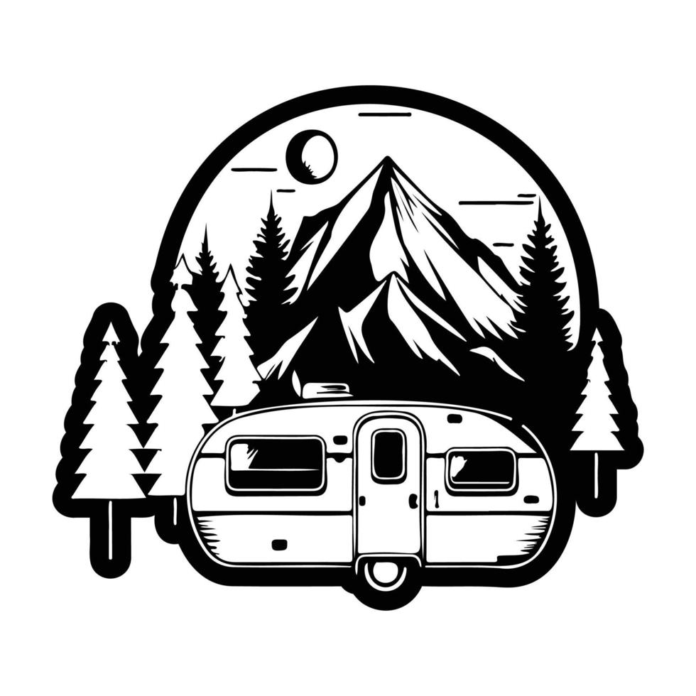 camper camp camping site with mountains and tree, camping in the woods, campsite with trailer landscape in retro style, svg file. vector