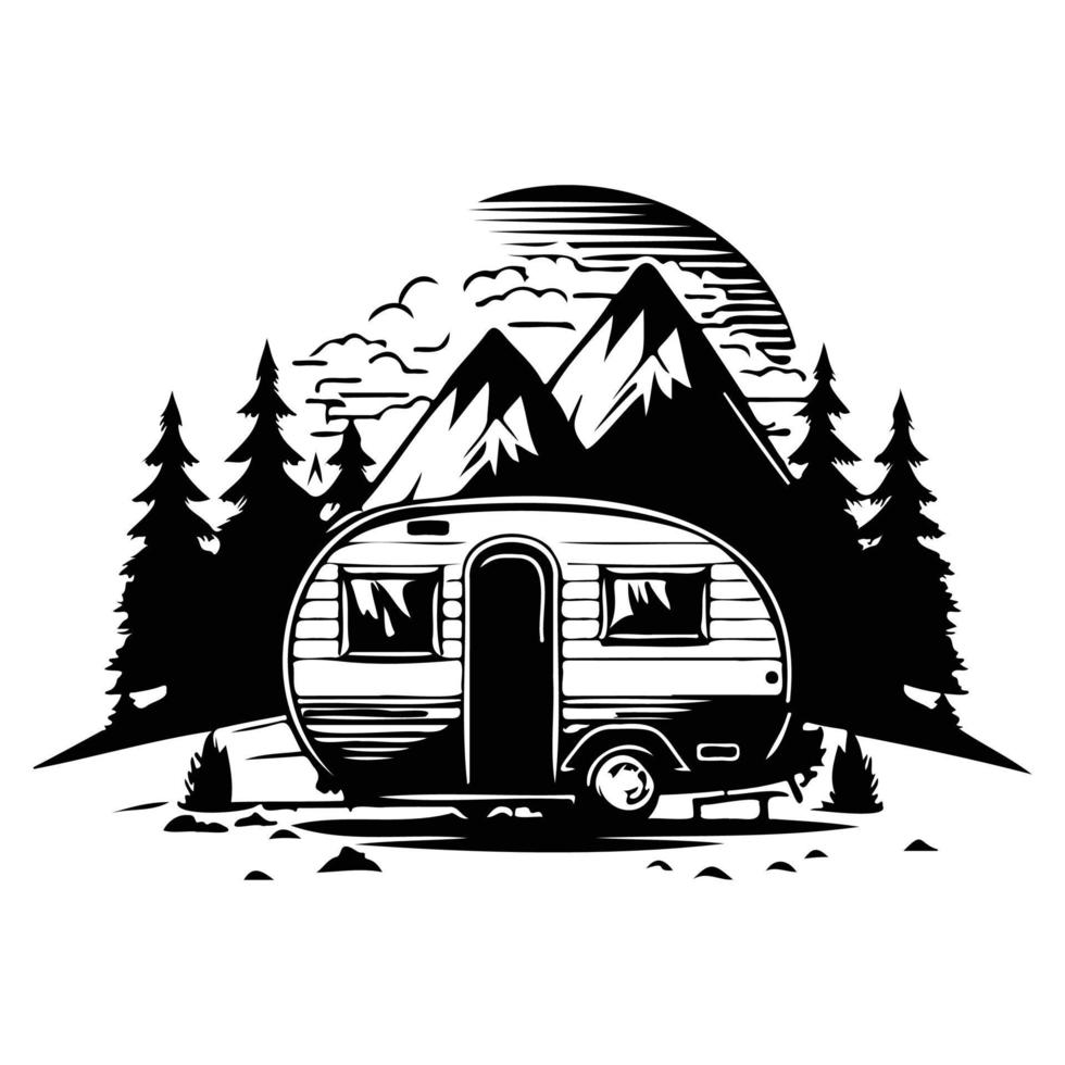 camper camp camping site with mountains and tree, camping in the woods, campsite with trailer landscape in retro style, svg file. vector