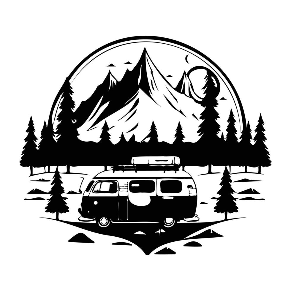 camper acampar cámping sitio con montañas y árbol, cámping en el bosque, cámping con remolque paisaje en retro estilo, svg archivo. vector