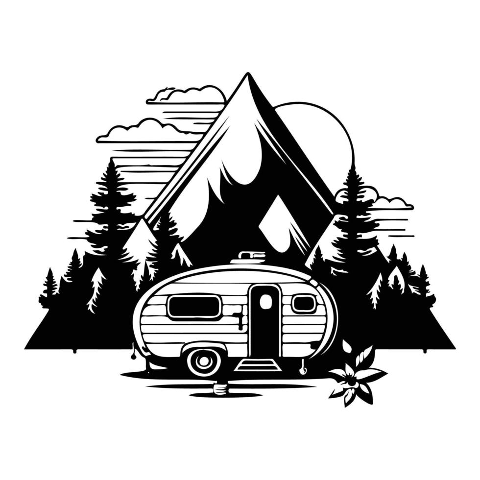 camper camp camping site with mountains and tree, camping in the woods, campsite with trailer landscape in retro style, svg file. vector