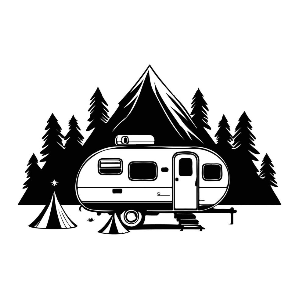 camper camp camping site with mountains and tree, camping in the woods, campsite with trailer landscape in retro style, svg file. vector