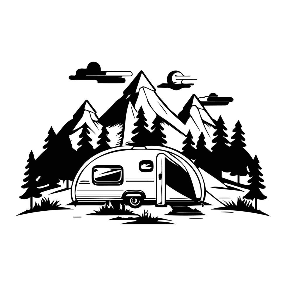camper camp camping site with mountains and tree, camping in the woods, campsite with trailer landscape in retro style, svg file. vector