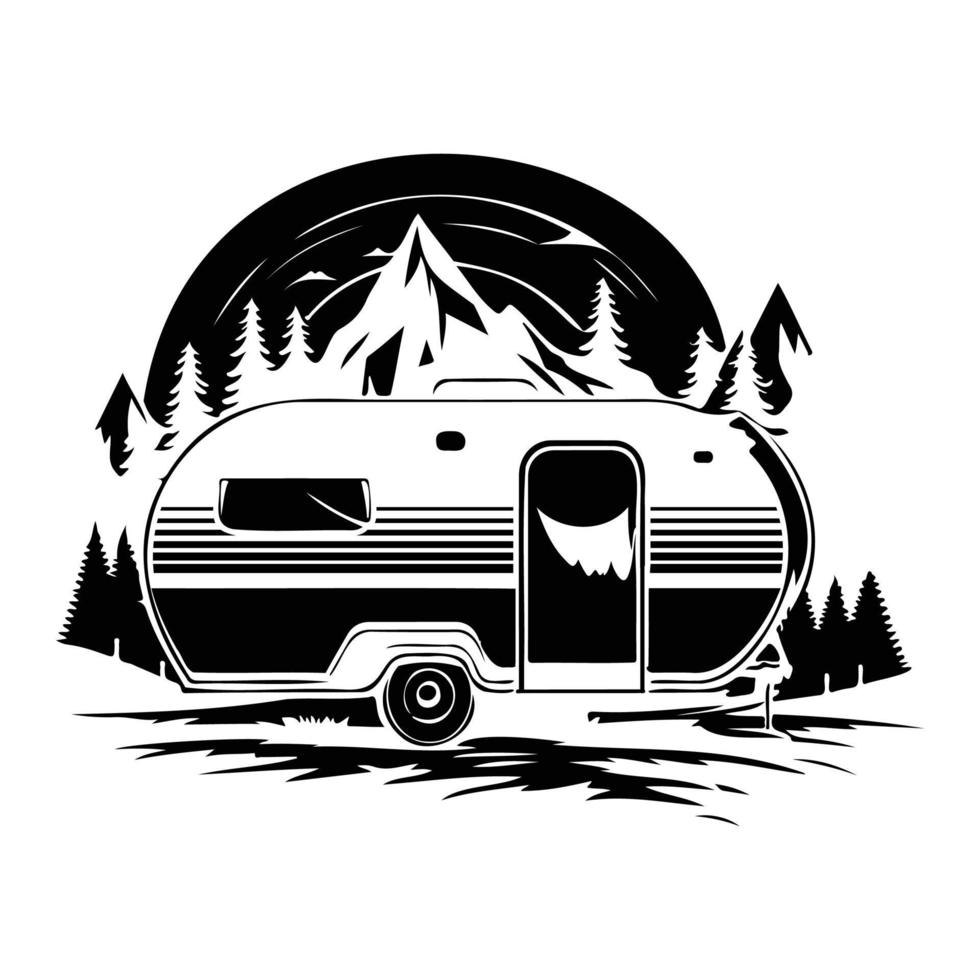 camper camp camping site with mountains and tree, camping in the woods, campsite with trailer landscape in retro style, svg file. vector