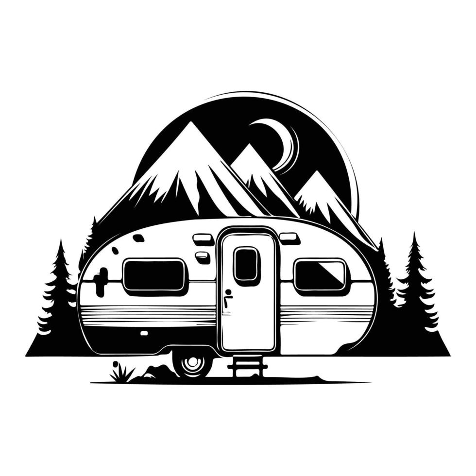 camper camp camping site with mountains and tree, camping in the woods, campsite with trailer landscape in retro style, svg file. vector