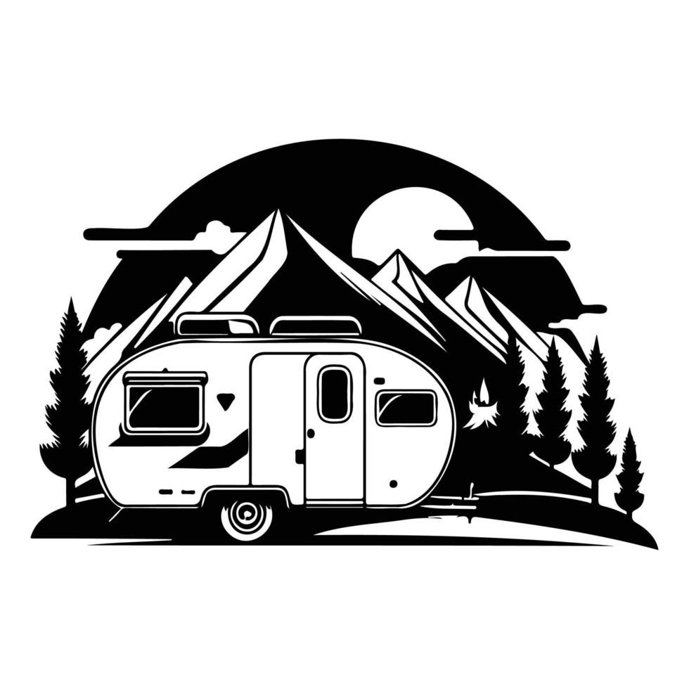 camper camp camping site with mountains and tree, camping in the woods, campsite with trailer landscape in retro style, svg file. vector