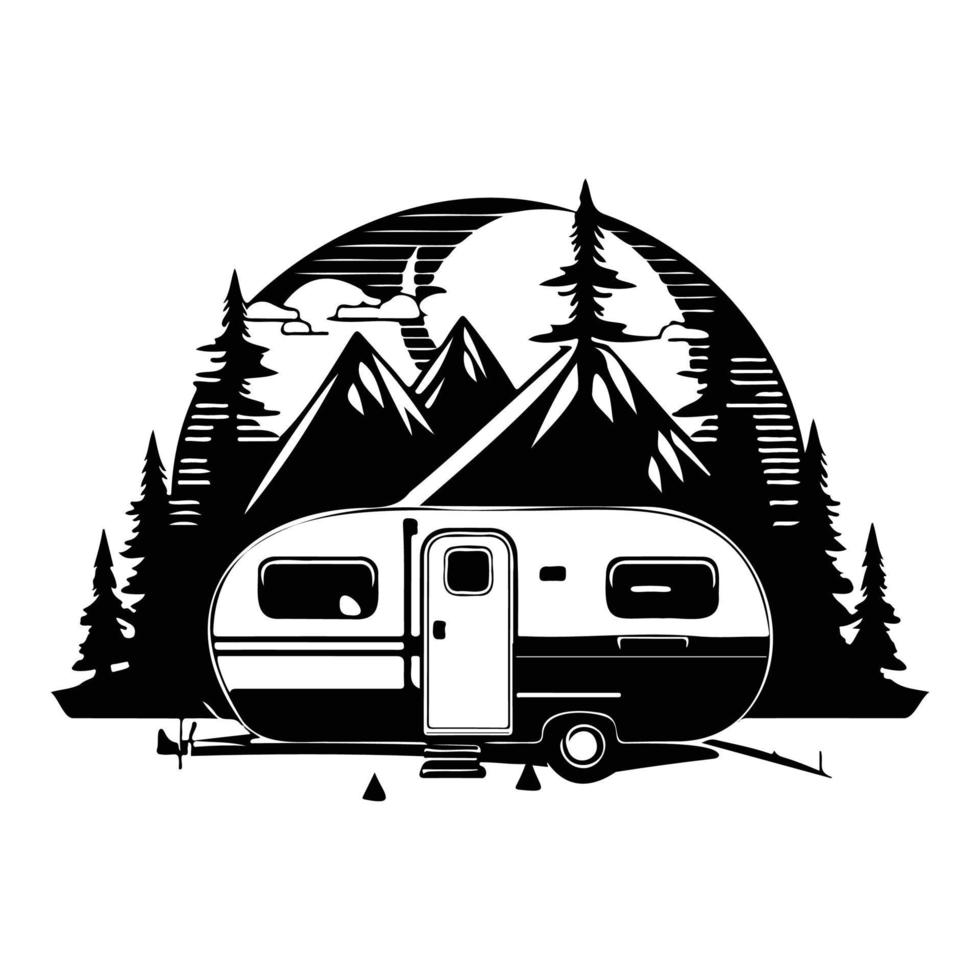 camper acampar cámping sitio con montañas y árbol, cámping en el bosque, cámping con remolque paisaje en retro estilo, svg archivo. vector