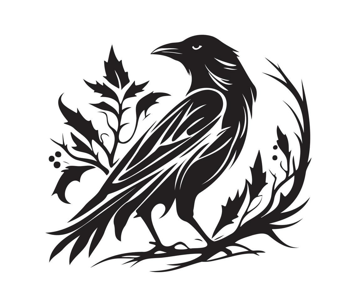 Black birds Raven, crow, rook or jackdaw. Vector illustration in retro style