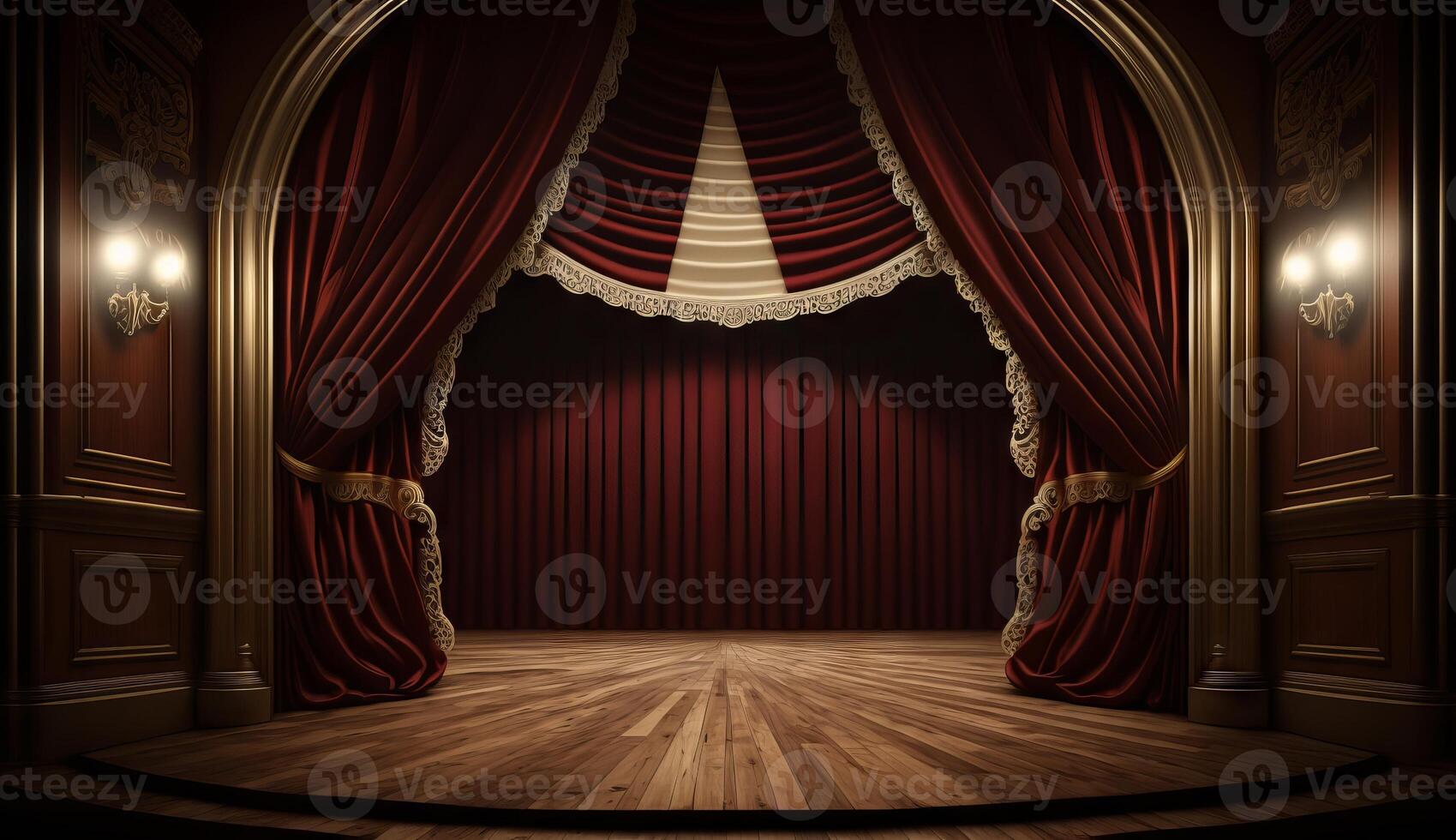 classic maroon curtains with light descended onto the center of the stage. photo