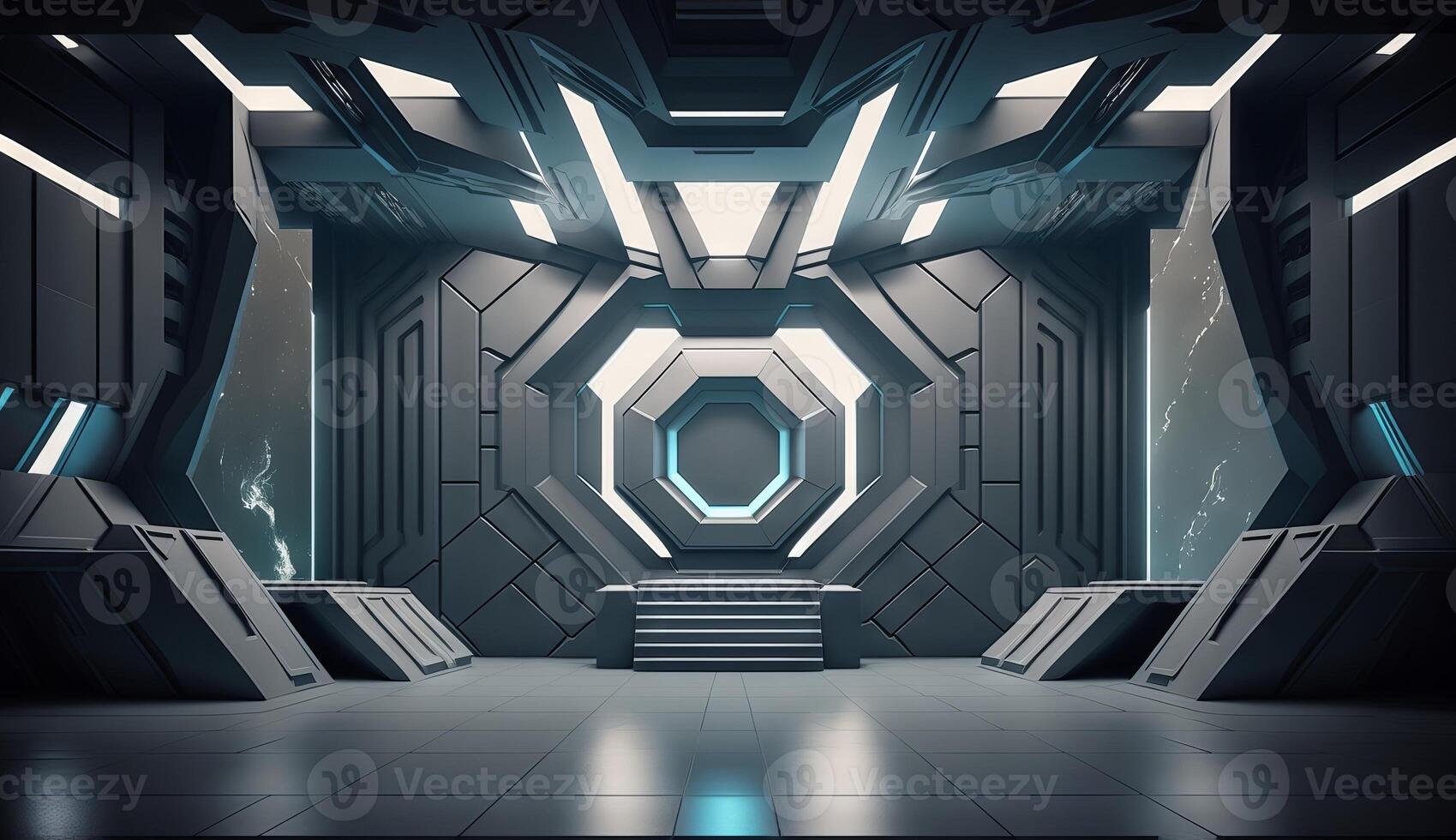 Futuristic interior with empty stage. Modern Future background. photo
