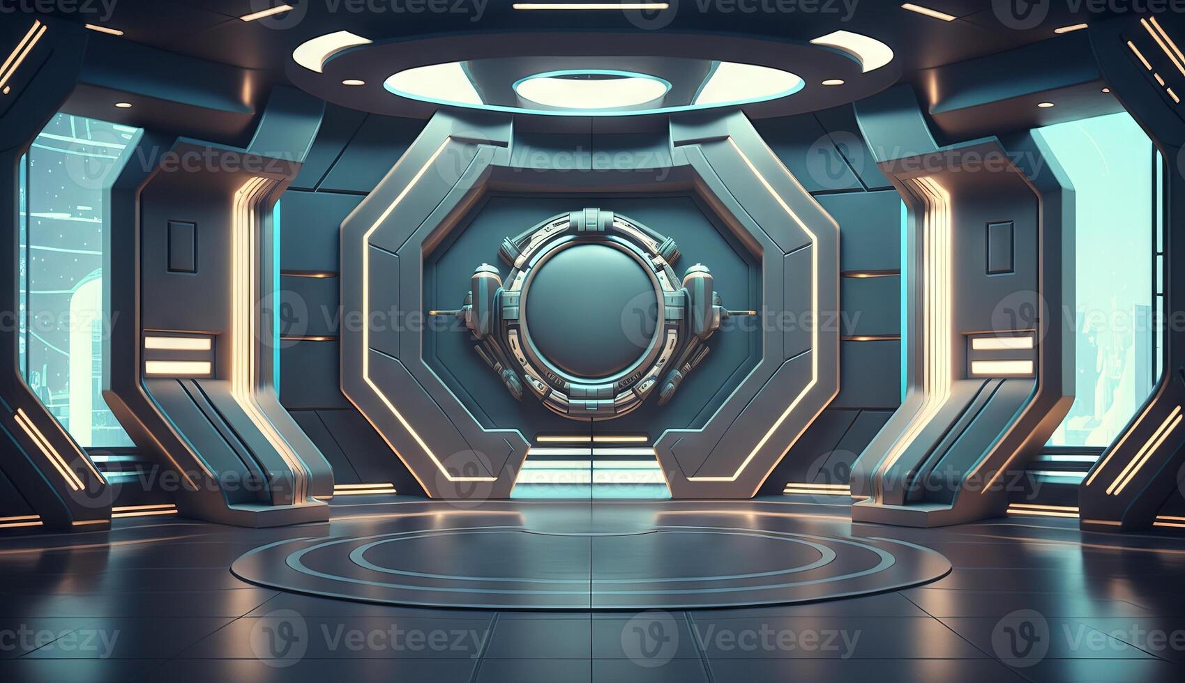 Futuristic interior with empty stage. Modern Future background. photo