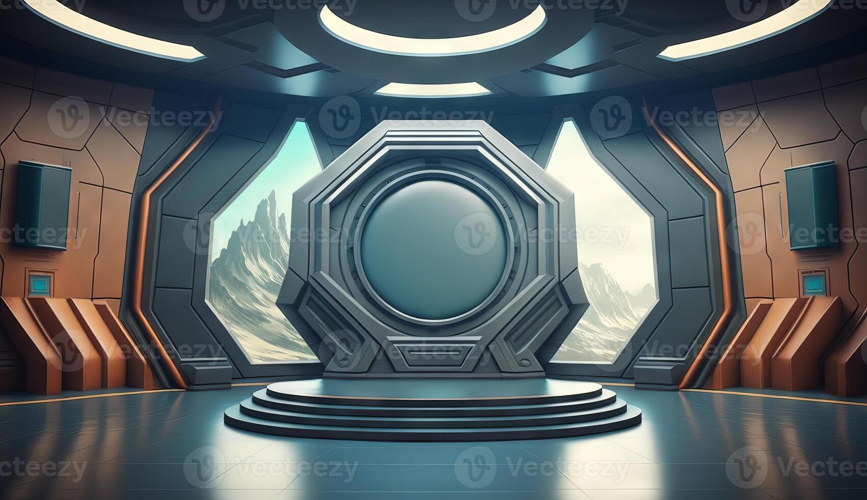 Futuristic interior with empty stage. Modern Future background. photo