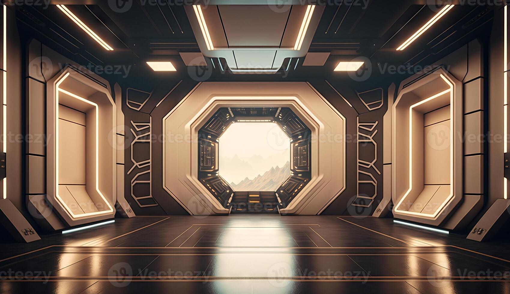 Futuristic interior with empty stage. Modern Future background. photo