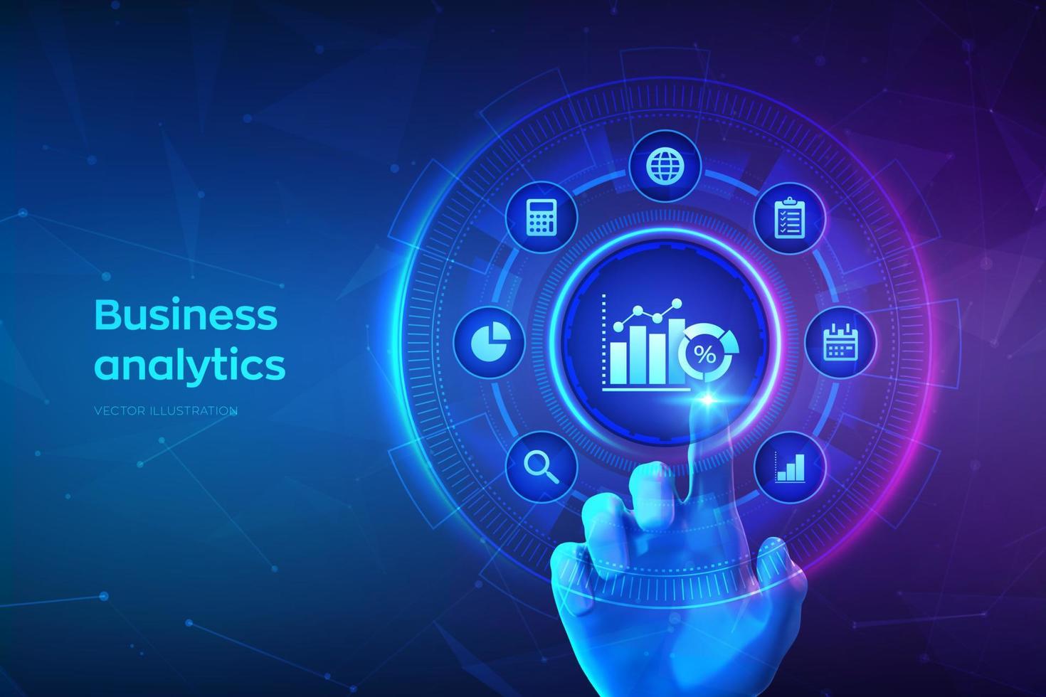 Business data analytics and robotic process automation concept on virtual screen. Profit and revenue of company, BI or KPI concept. Hand touching digital interface. Vector illustration.