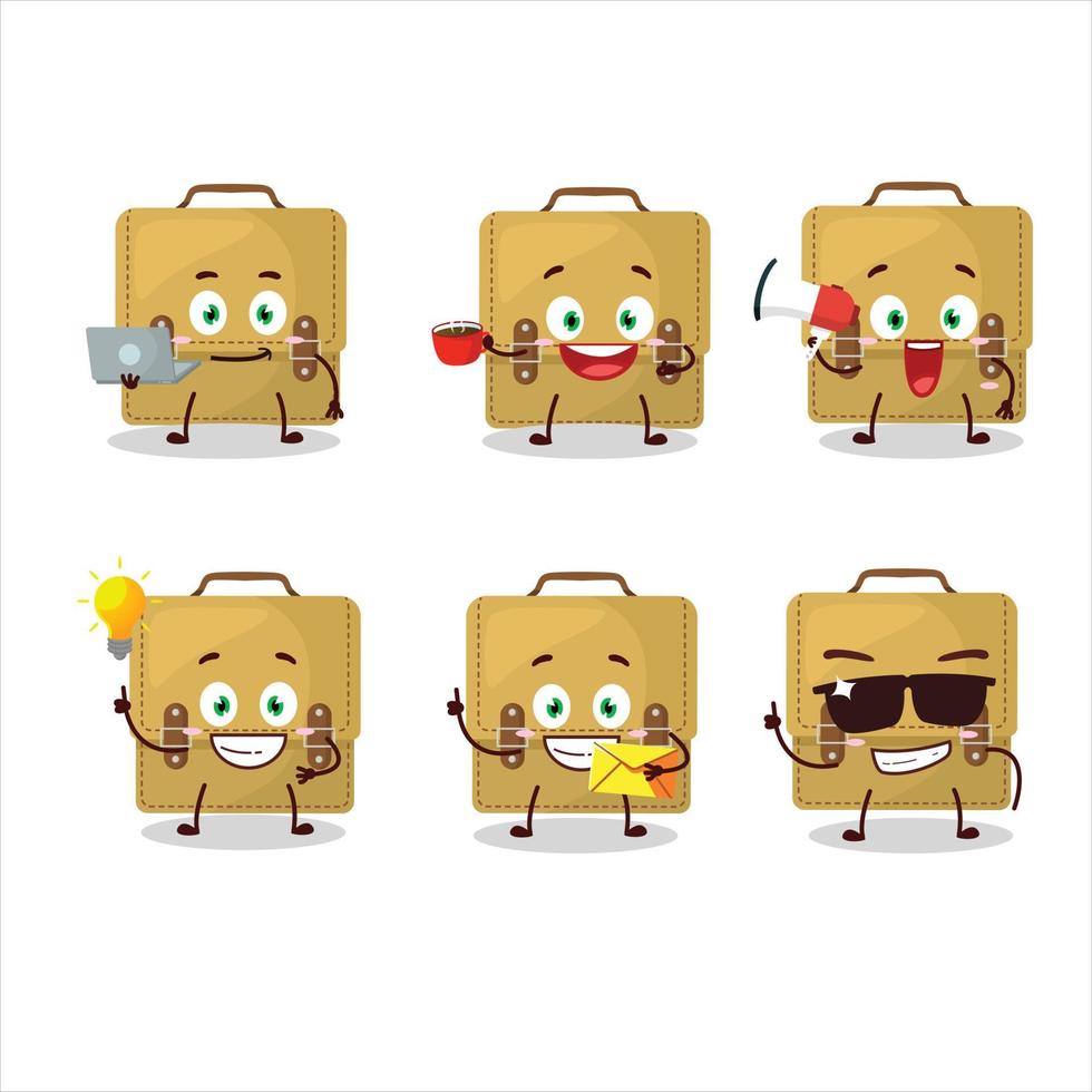 Sling bag school cartoon character with various types of business emoticons vector