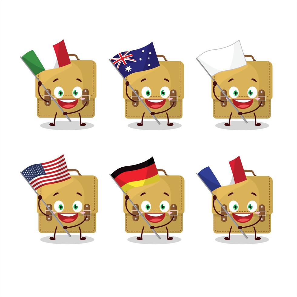 Sling bag school cartoon character bring the flags of various countries vector