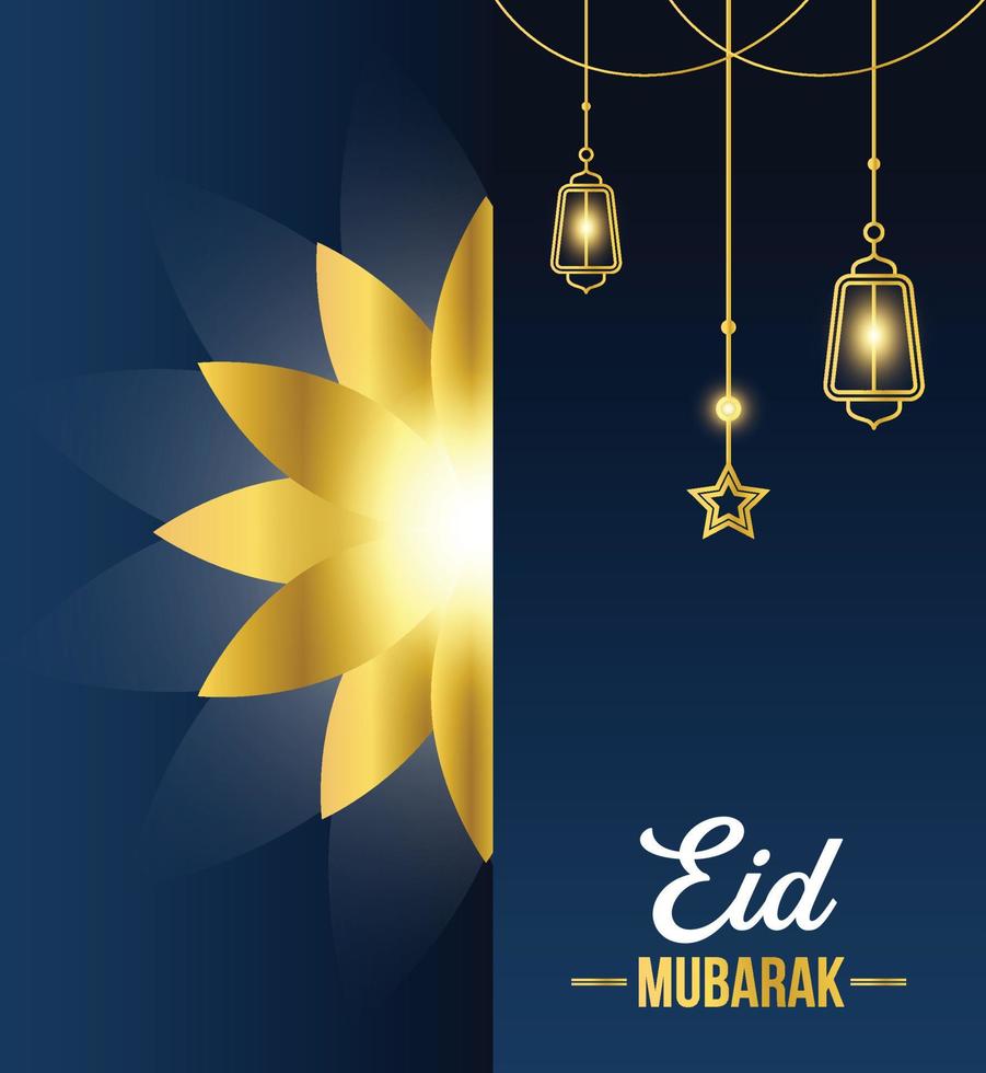 Golden Eid Mubarak Banner and Poster Template With Illuminated Lanterns Islamic Ornament Star and Gold Flower vector
