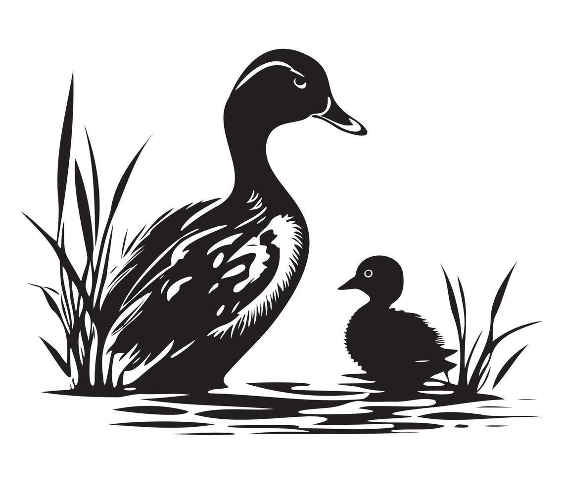 Pato con anadón, mamá y bebé pato, Pato nadando en el lago ilustración vector