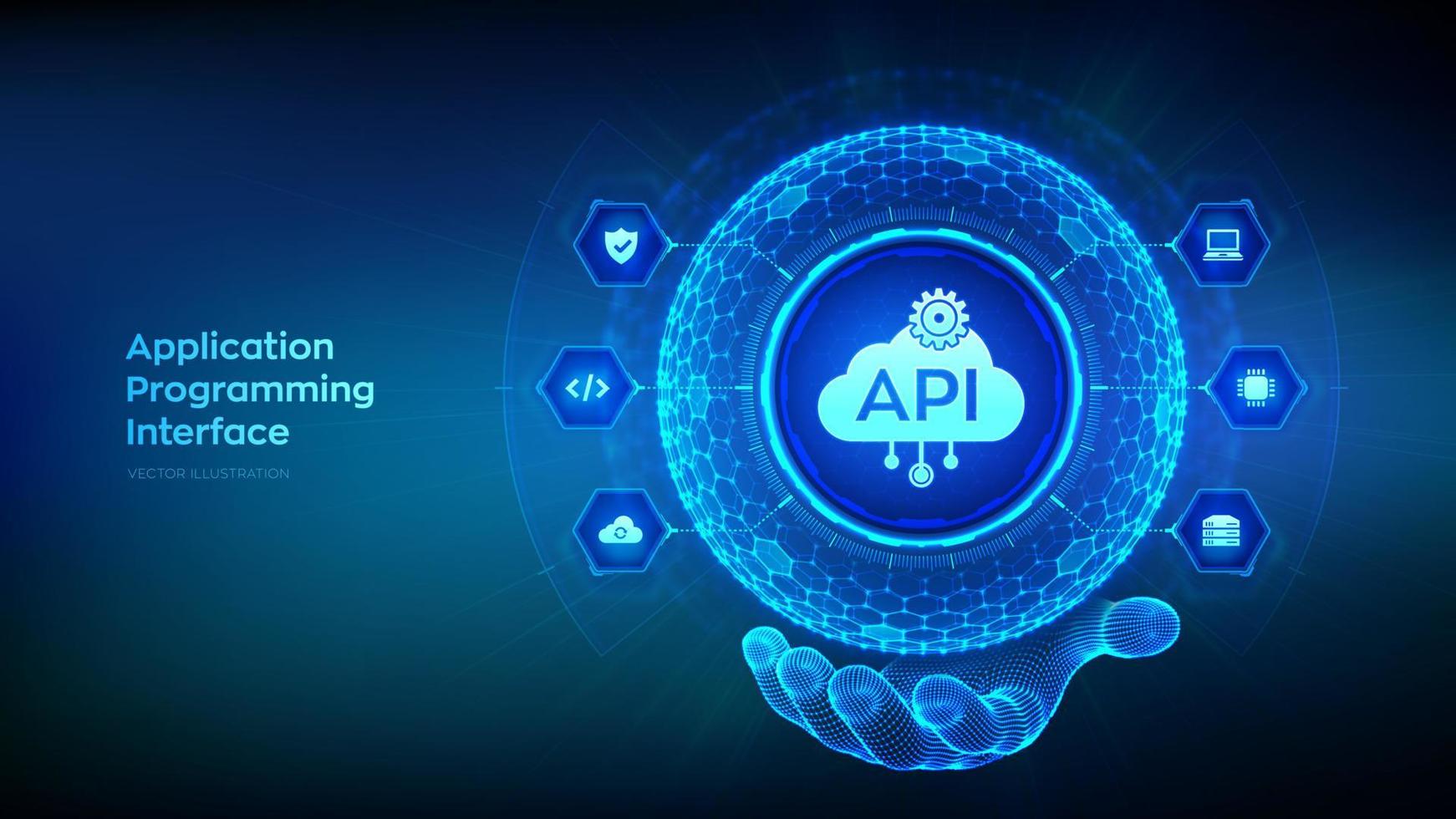 API. solicitud programación interfaz en el forma de esfera con hexágono cuadrícula modelo en estructura metálica mano. software desarrollo herramienta, nube informática tecnología concepto. vector ilustración.