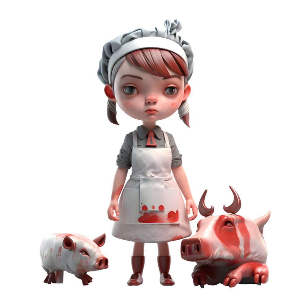 Friendly 3D Butcher Cute Girl with Apron Ideal for Local Butcher Cute Girl Shop Advertising PNG Transparent Background