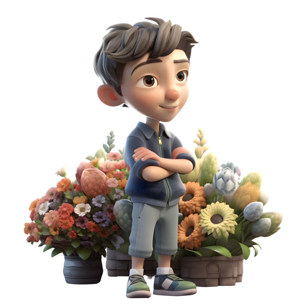 Fresh 3D Florist Boy with Flower Pot Great for Spring or Nature Themed Projects PNG Transparent Background