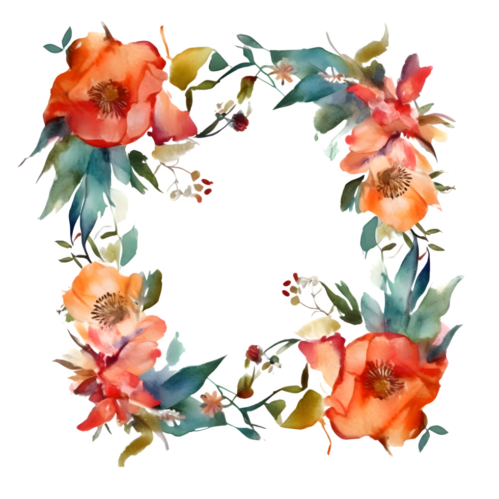 Rustic Floral Frame with Wildflowers and Eucalyptus Leaves. Perfect for Country Chic Weddings. PNG Transparent Background