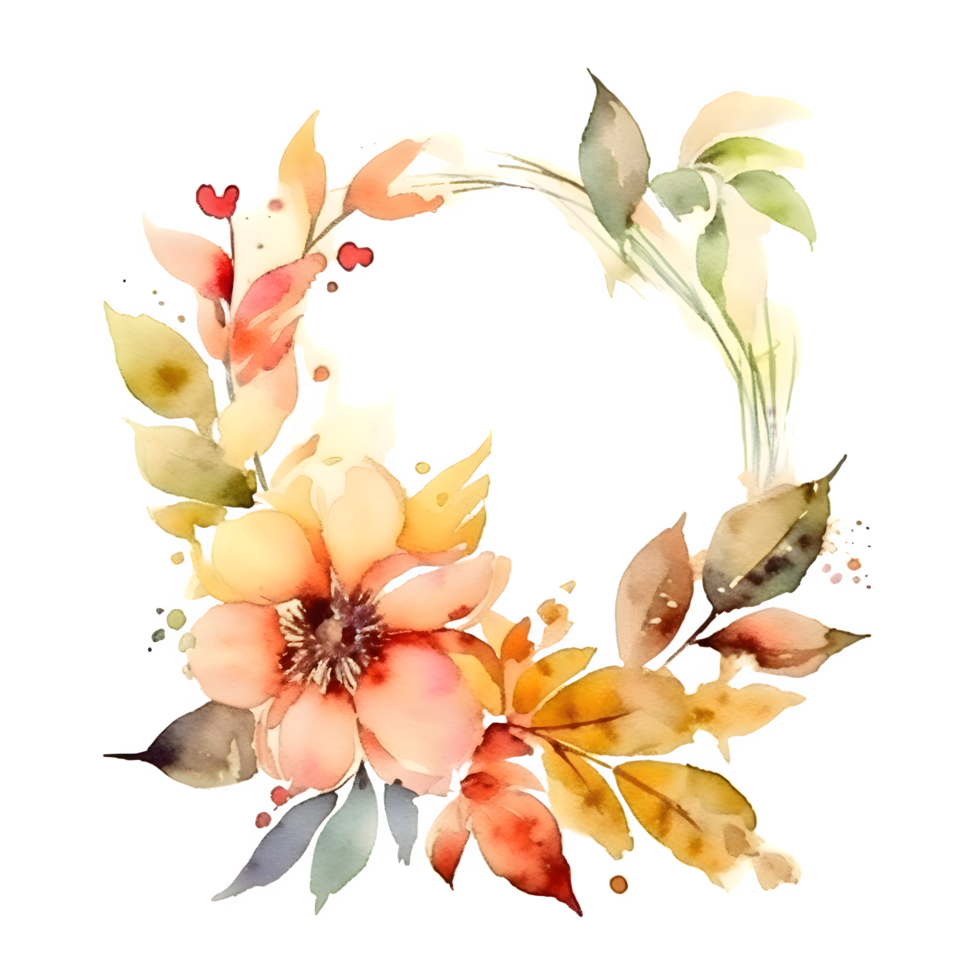 Beautiful Watercolor Floral Frame Design for Wedding Invitations or Greeting Cards. Hand-drawn Flowers and Leaves in Soft Pastel Colors. PNG Transparent Background