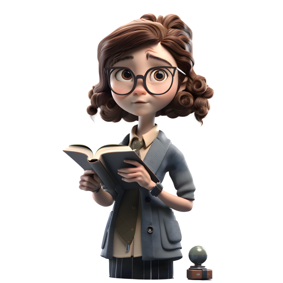 sabelotodo novio 3d linda niña en profesor personaje con un libro y lentes png transparente antecedentes